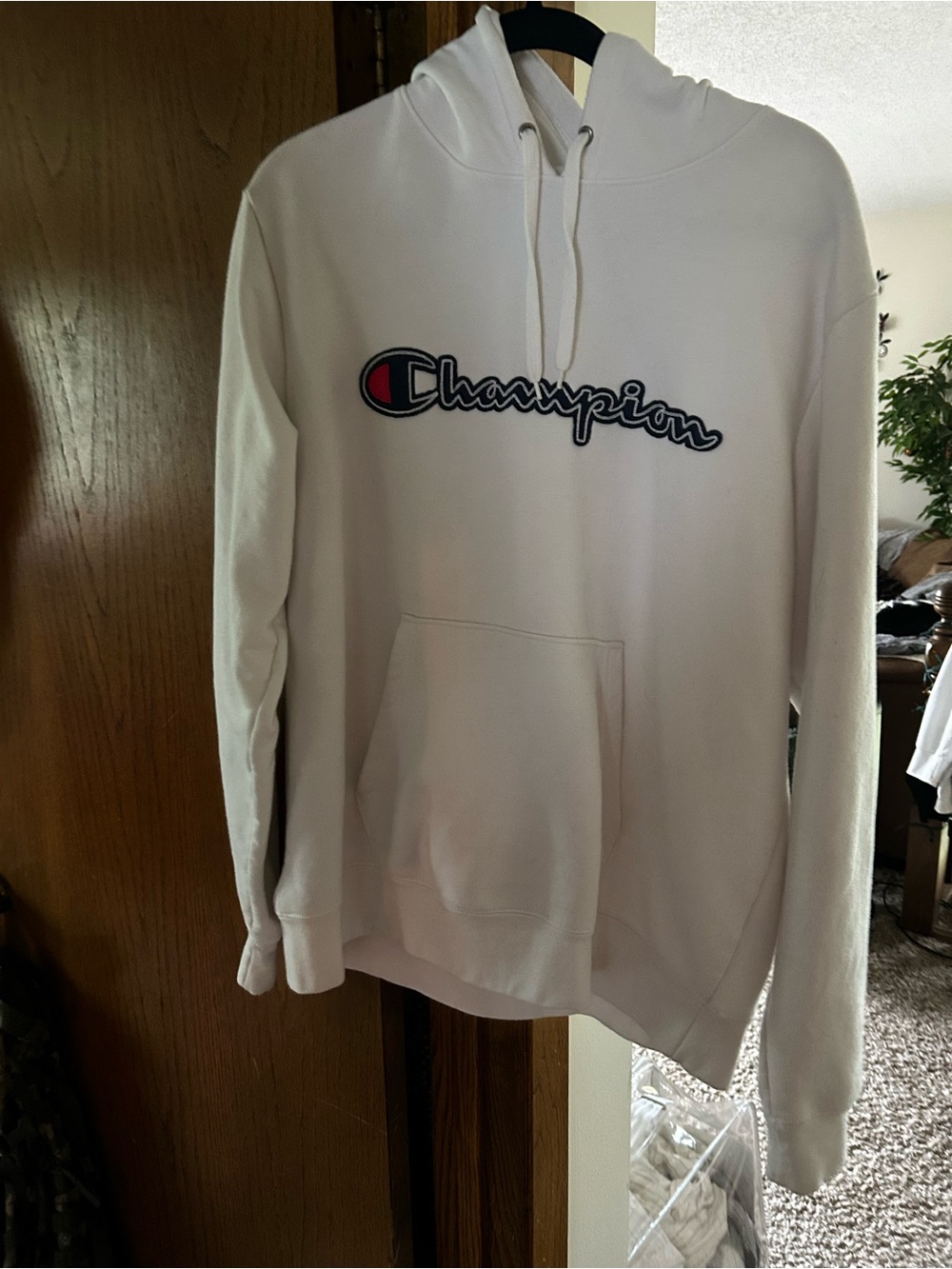 Champion White Hoodie with Script Logo and Red Accent